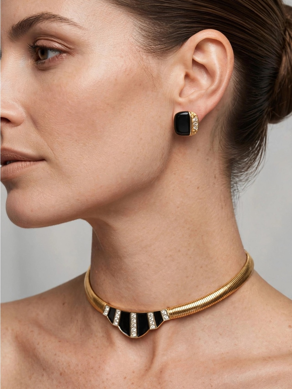 Vintage Nina Ricci D'Orlan Black Enamel Gold Omega Choker Earrings Set 80s